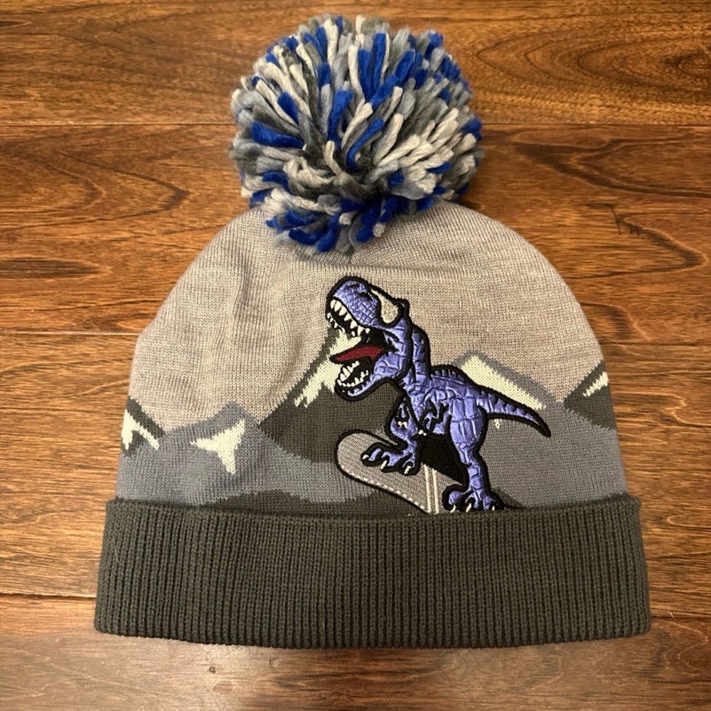 Dinosaur Pom-Pom Beanie for Kids - Gray and Blue